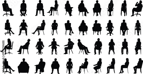 Collection of black profile avatar silhouettes of men and women with various hairstyles and head views isolated on white background for graphic design