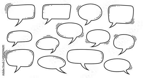 Hand drawn collection of various empty speech bubbles and chat message boxes with doodle style outlines perfect for comic book design elements or communication concepts