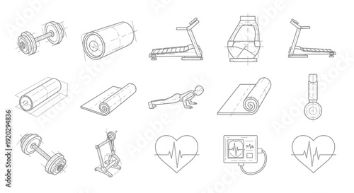 Workout equipment and fitness gear outline vector set including dumbbells, yoga mat, resistance band, stopwatch timer, heart rate symbol, and training accessories illustrated in clean minimal line sty
