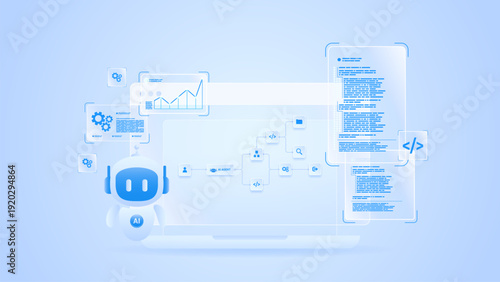 AI workflow automation artificial intelligence. ai agent workflow diagram dashboard machine learning with code editor, analytics charts, and workflow automation.