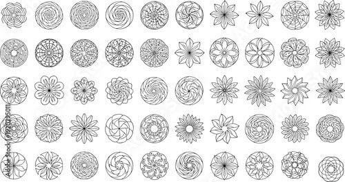 Abstract circular floral mandala set, geometric ornament vector collection, decorative round patterns, line art design, symmetry illustration pack