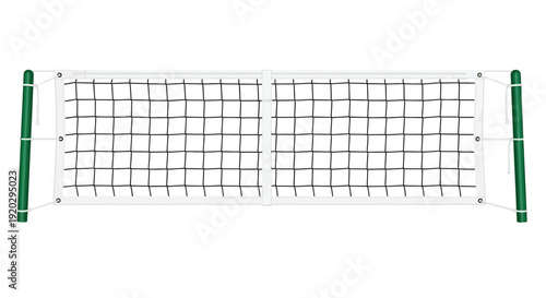 Professional standard volleyball net stretched taut between two sturdy green posts isolated
