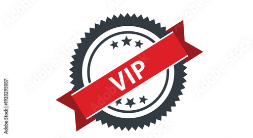 Vector illustration of a distinguished vip award badge featuring a bold red ribbon banner across a dark gray seal with white stars prominently displayed.