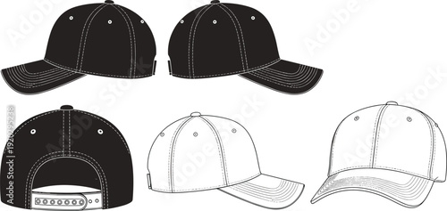 Baseball cap vector template set, front side back views, snapback hat outline illustration isolated fashion mockup design