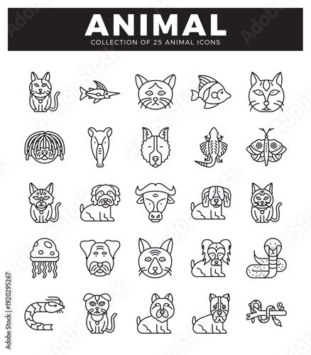 A flat icon illustrations of animals on a white background. rendered in a minimalist outline style.