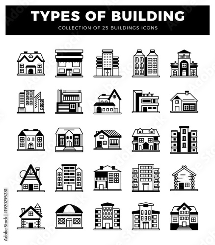 Collection of building icons showing various residential and commercial structures in a flat. minimalist style.