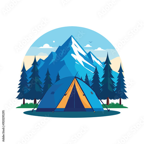 Camping tent in forest at sunrise with trees and nature emblem