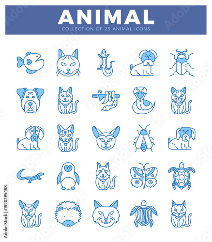 outlined animal icons in blue and white.