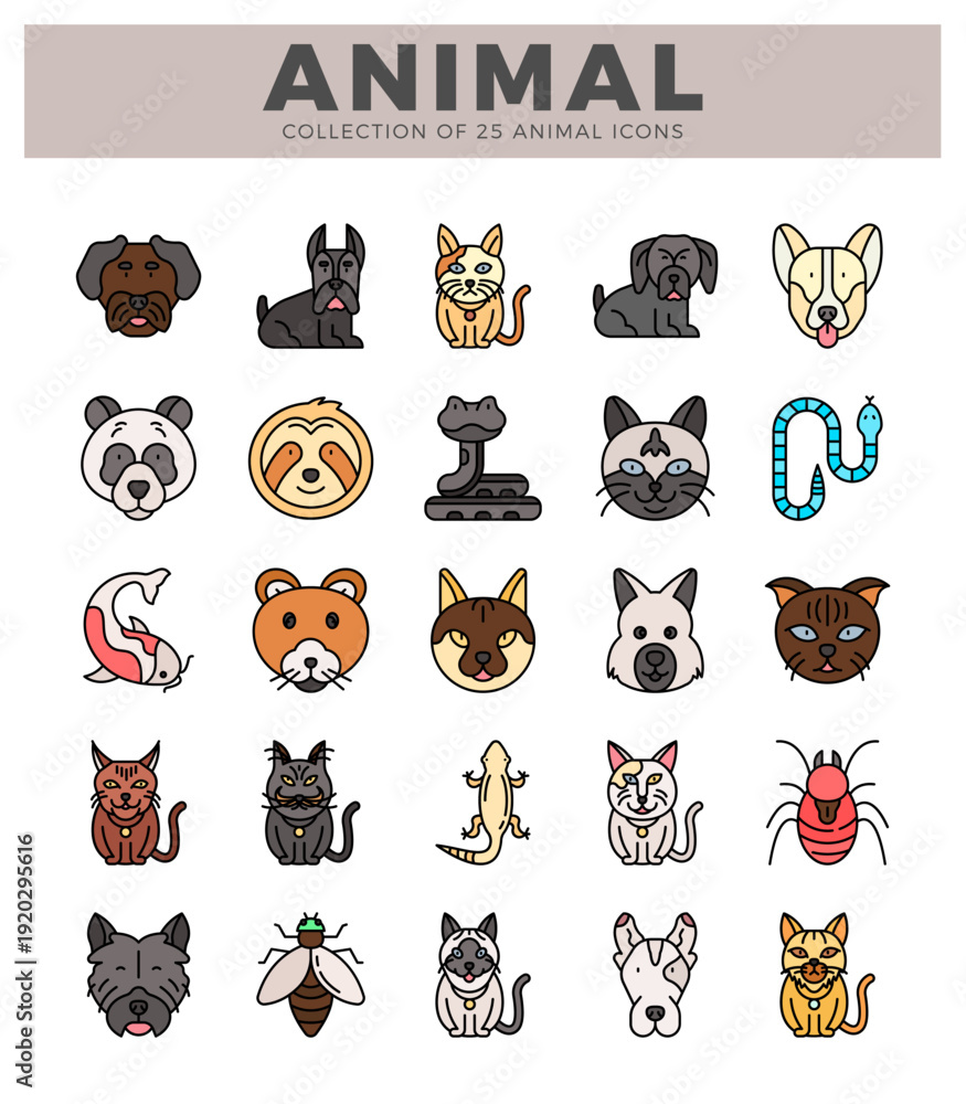 Naklejka premium Cartoon animal icon collection diverse pets and wildlife in flat design.