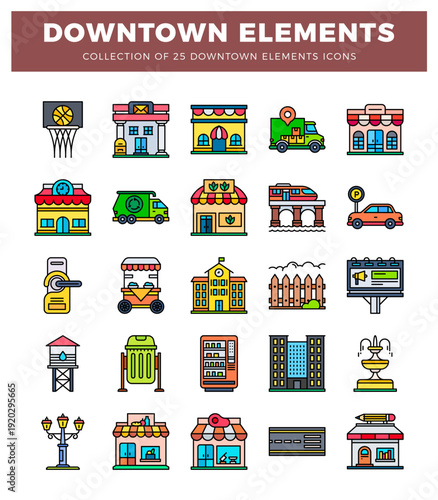 flat downtown icon elements. urban cityscape illustrations. for graphic design and web.