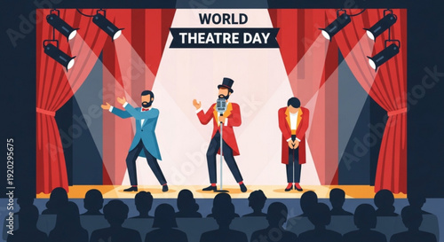 Actors performing on a vibrant stage with spotlights and curtains during World Theatre Day celebration