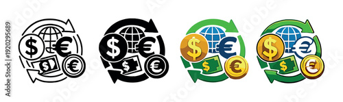 Currency exchange icons with globe and coins on gray background