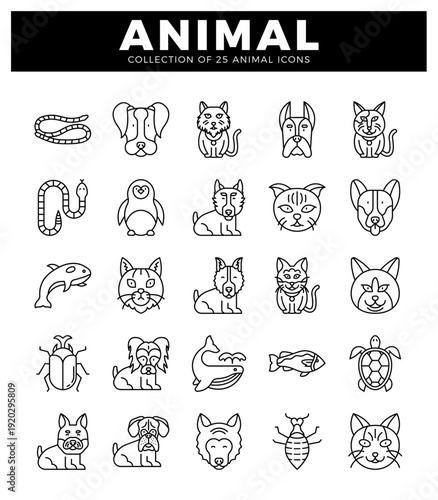 animal icons with line art style. showcasing diverse creatures on a white background.
