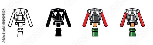 Lever corking tool pressing stopper on bottle top icons