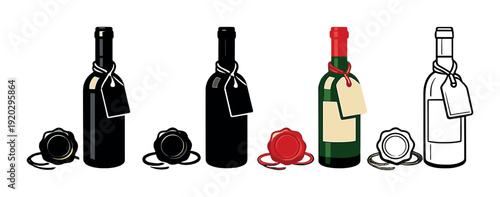 Wine bottles with tags and wax seals arranged on surface
