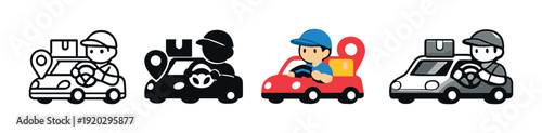 Car delivery icons showing driver and package on dark background