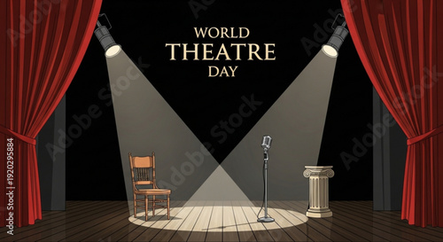 Theatre stage with spotlight on empty chair and microphone stand on World Theatre Day celebration