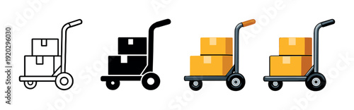 Hand truck carrying stacked boxes on gray background