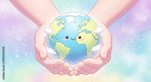 Caring Hands Holding Smiling Earth with Clouds, Symbolizing Environmental Protection and Peace