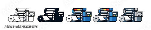 Printing machines lined up on gray gradient background