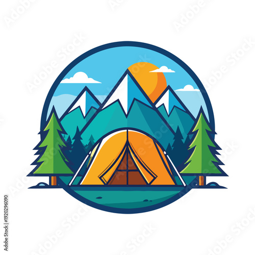 Camping tent in forest at sunrise with trees and nature emblem
