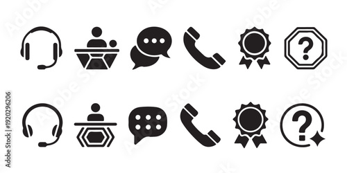 Customer support icon set including headset, receptionist, chat bubbles, phone, badge, question mark