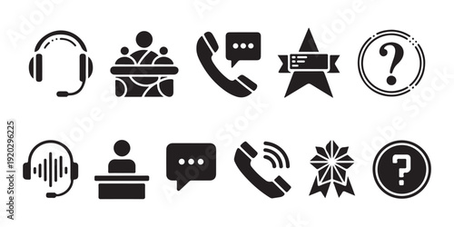 Customer service icon set with headset, people group, phone chat, star award, and question mark