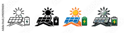 Solar panel and battery icons in four styles on gray background