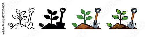 Shovel and young plant icons in four styles on gray background