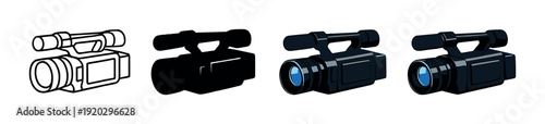 Handheld camcorders arranged in row on dark background