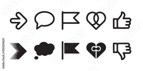 Set of ten vector icons with social media actions and interaction symbols