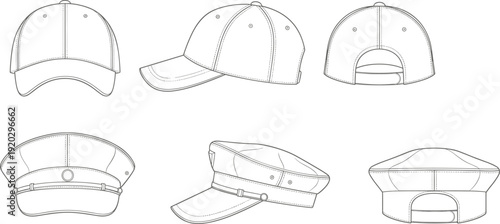Caps, hats, mockup, set, baseball, uniform, headwear, template, vector, illustration, fashion, accessory, clothing, design, front, back, side, isolated, collection, outline