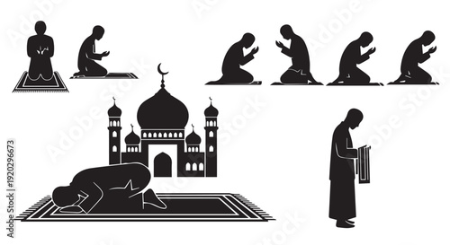 Muslim man prayer silhouette set showing Islamic salah positions, Ramadan, Ramadan Karim, kneeling and prostration worship poses, spiritual religious ritual illustration isolated on white background