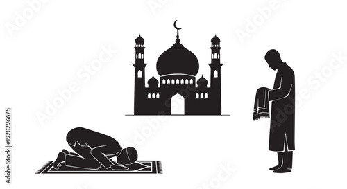 Muslim man prayer silhouette set showing Islamic salah positions, Ramadan, Ramadan Karim, kneeling and prostration worship poses, spiritual religious ritual illustration isolated on white background