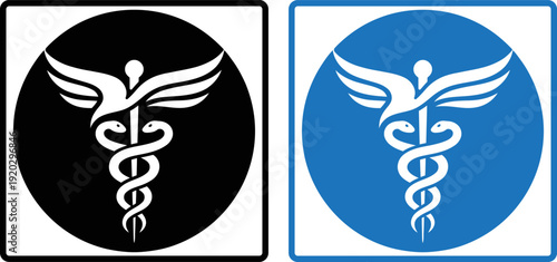 Medical caduceus symbol with wings in black and blue icons