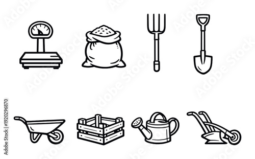 Eight gardening and farm tools icons on dark gradient background