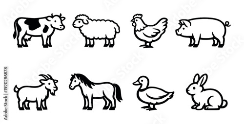Eight farm animal icons arranged on gray gradient background