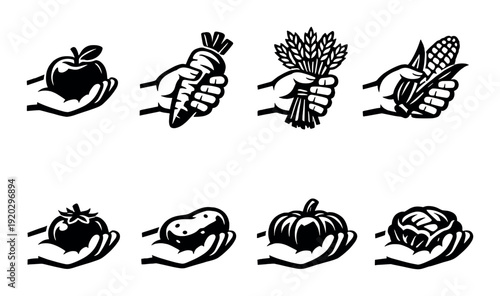 Hands holding various fruits and vegetables on dark background