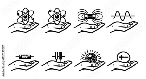 Hands holding scientific and electromagnetic symbols on dark panel