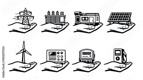 Hands holding power infrastructure and generation devices on dark