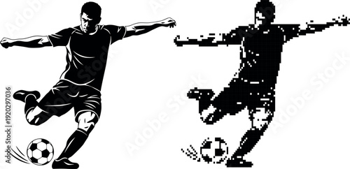 A dynamic soccer player in action kicking a ball on transparent background