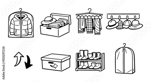 Clothing and accessories arranged for storage in closet