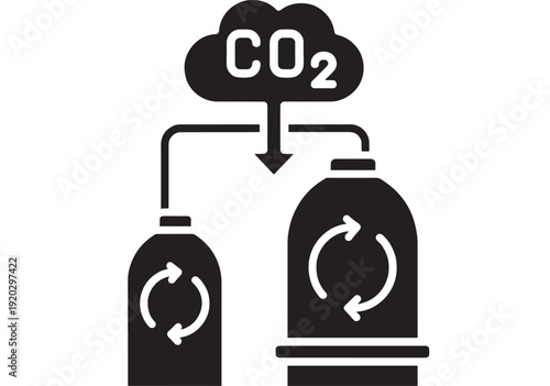 CO2 recycling icon showing carbon dioxide capture cloud connected to refillable gas cylinders with circular arrows, clean black silhouette for sustainability concept