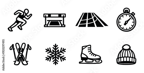 Running and winter sports icons arranged on dark background