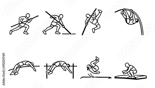 Pole vaulters and jumpers performing vaults on neutral background