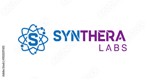 Synthera Labs logo with a stylized atom or molecular structure, representing advanced scientific research and laboratory development, isolated white background.