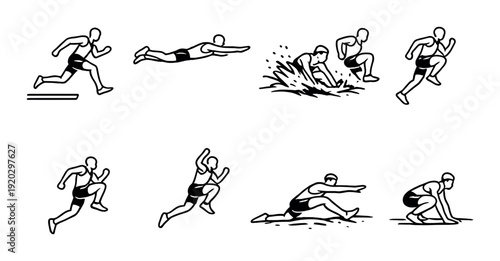 Athletes performing jumps and landings on gray backdrop