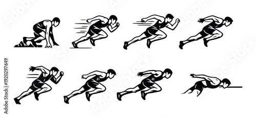 Sprinters executing start and sprint sequences on gray background