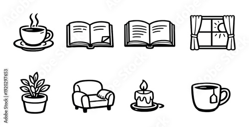 Reading and relaxation icons with cups and books on gray