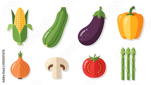 Flat design vector illustration of fresh organic vegetables including corn zucchini eggplant bell pepper onion mushroom tomato and asparagus on white background.